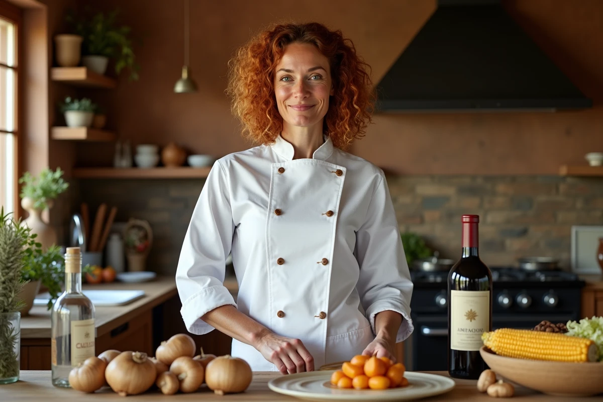 Cheffe cuisinière présentant des produits landais dans une cuisine rustique gascoune, évoquant Hélène Darroze et le terroir landais