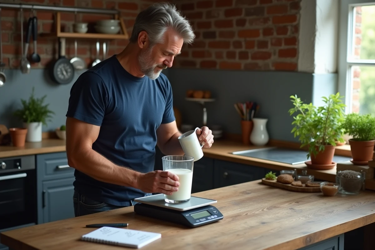 Homme comparant un verre doseur et une balance numérique pour convertir des litres en kilogrammes en cuisine