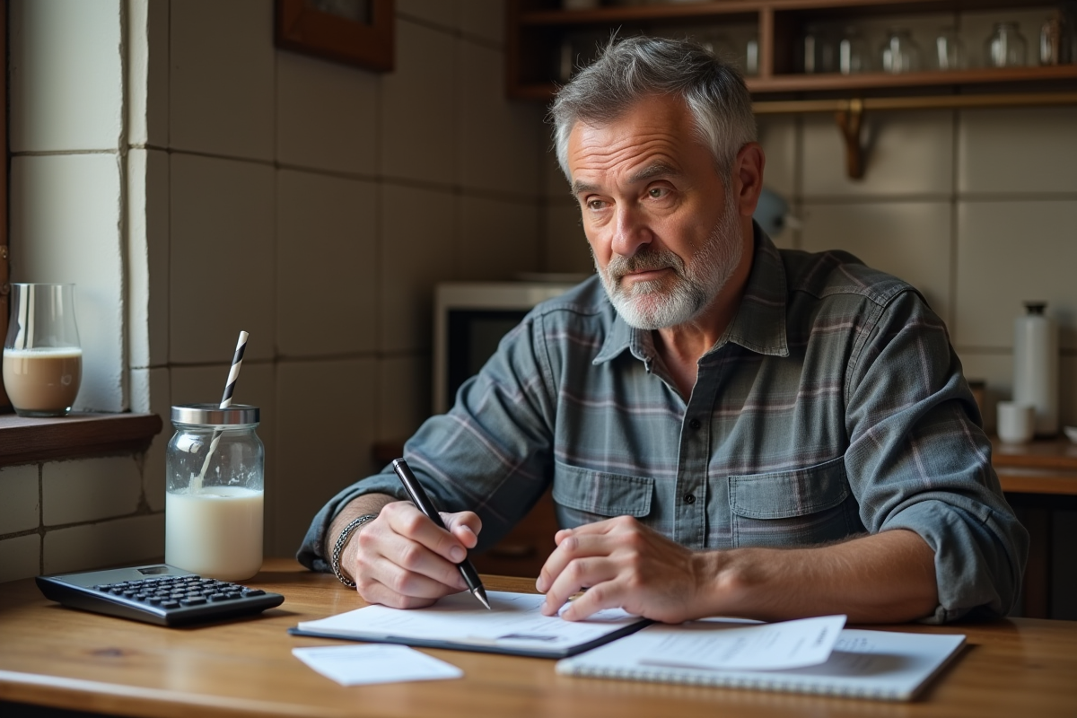 Homme calculant ses dépenses avec siphon à crème dans une cuisine