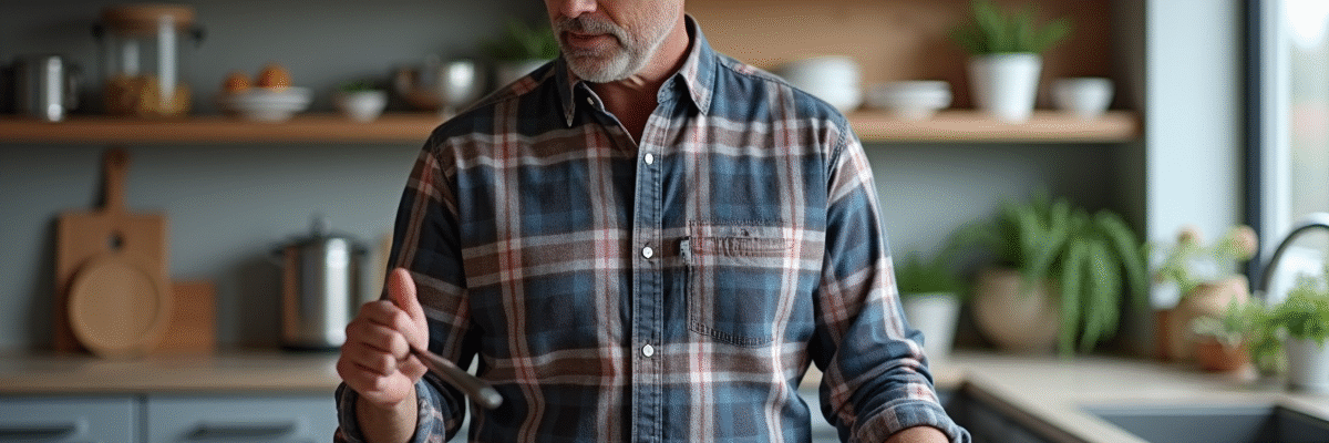 Homme d'âge moyen examinant des poêles en cuisine moderne