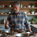 Homme d'âge moyen examinant des poêles en cuisine moderne