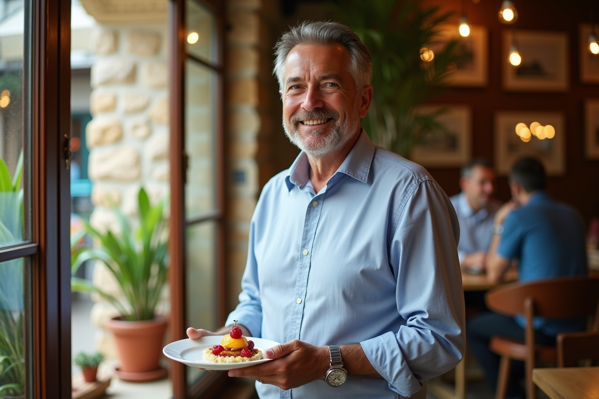 Homme tenant un dessert aux fruits dans un café ensoleille