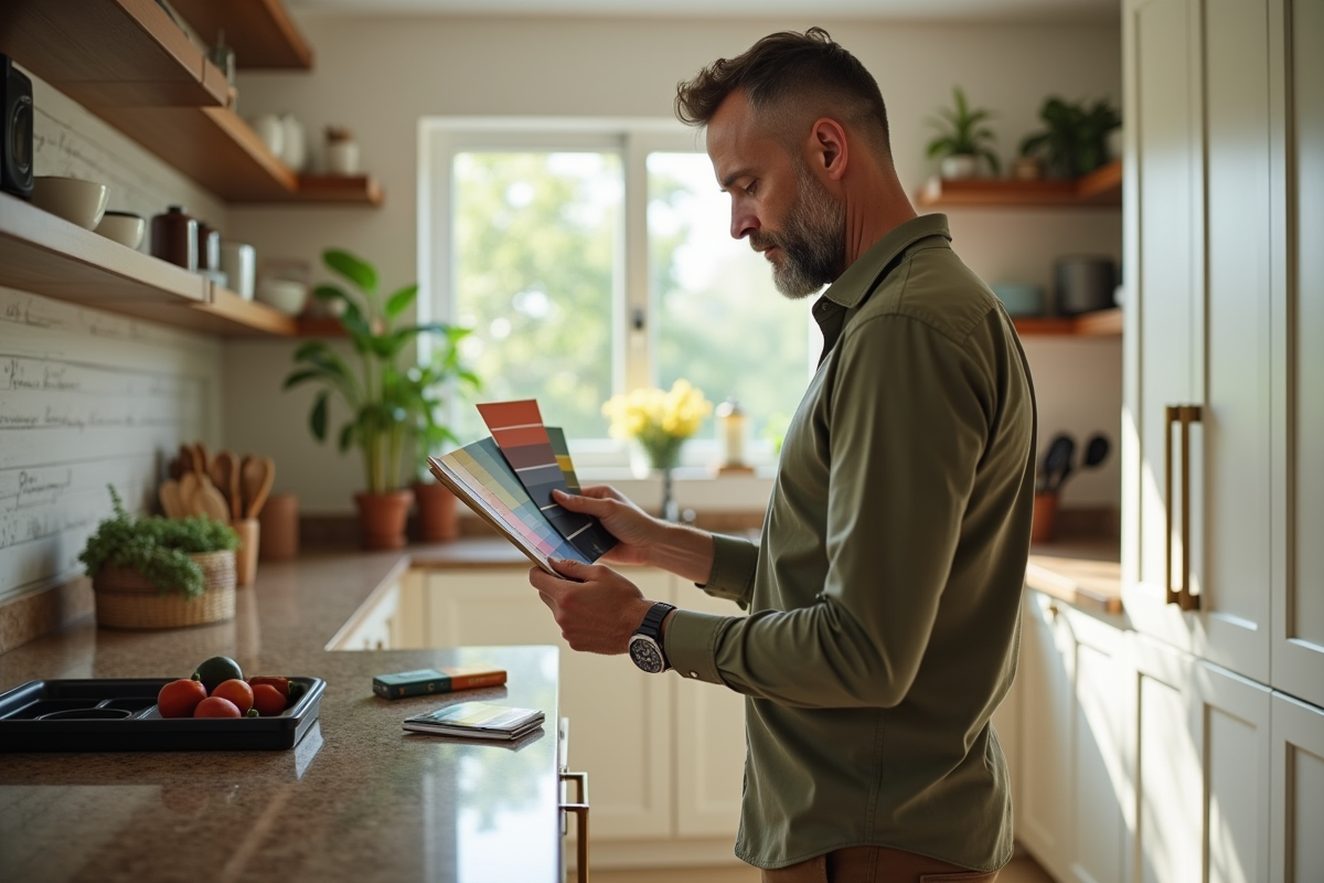 Homme examinant un échantillon de couleur dans une cuisine lumineuse
