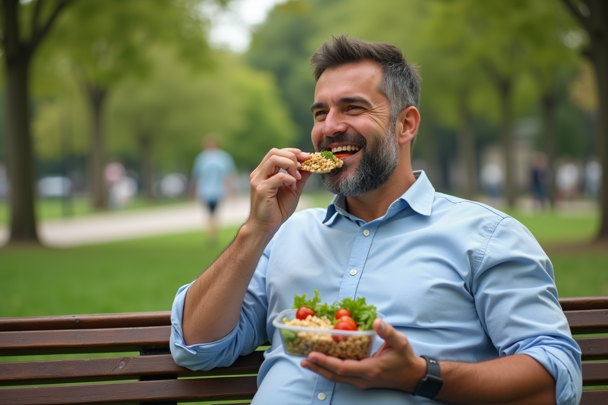 Homme en pause déjeuner avec une salade dans un parc