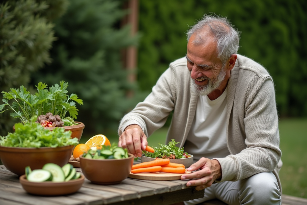 Homme dégustant une salade dans un cadre de jardin rustique