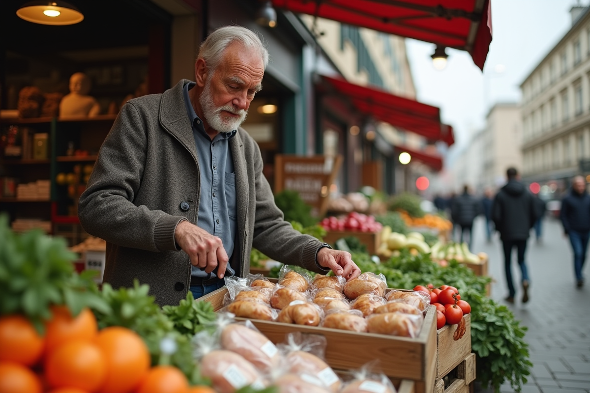 Homme âgé explore un marché bio avec produits végétaux et volailles