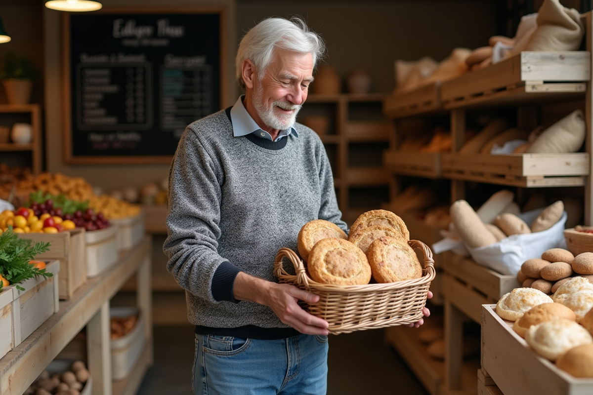 Homme âgé dans un marché bio examinant des galettes de sarrasin