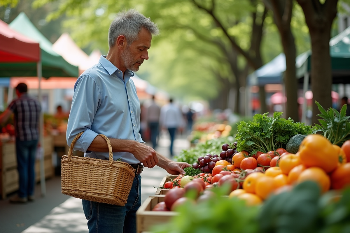 Homme sélectionnant des légumes frais au marché en plein air