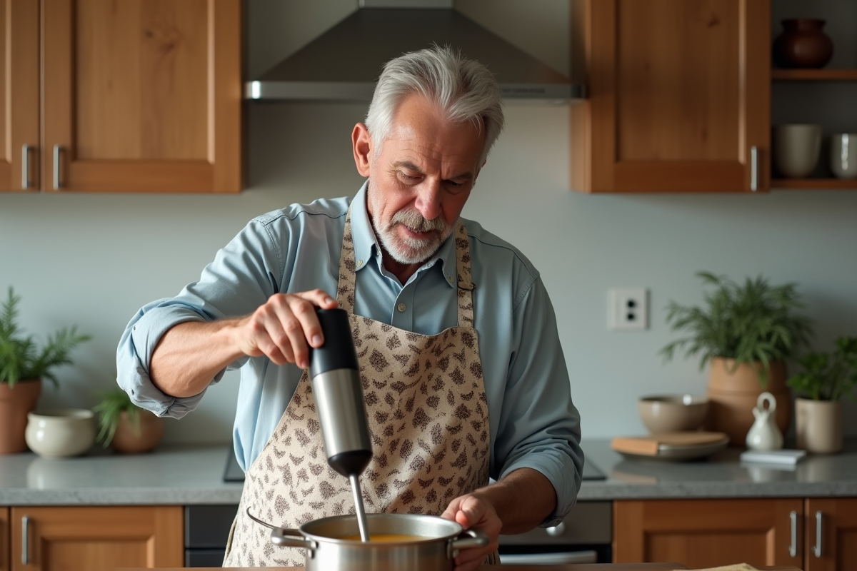 Homme âgé mixant une soupe dans une casserole en cuisine chaleureuse