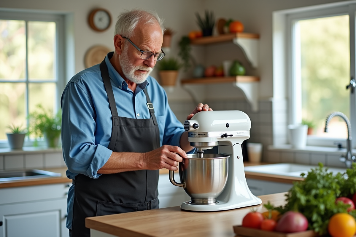 Homme âgé utilisant un blender puissant dans une cuisine lumineuse