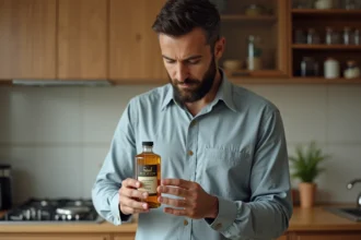 Homme musulman examine une bouteille de vinaigre halal dans la cuisine