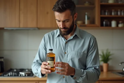 Homme musulman examine une bouteille de vinaigre halal dans la cuisine