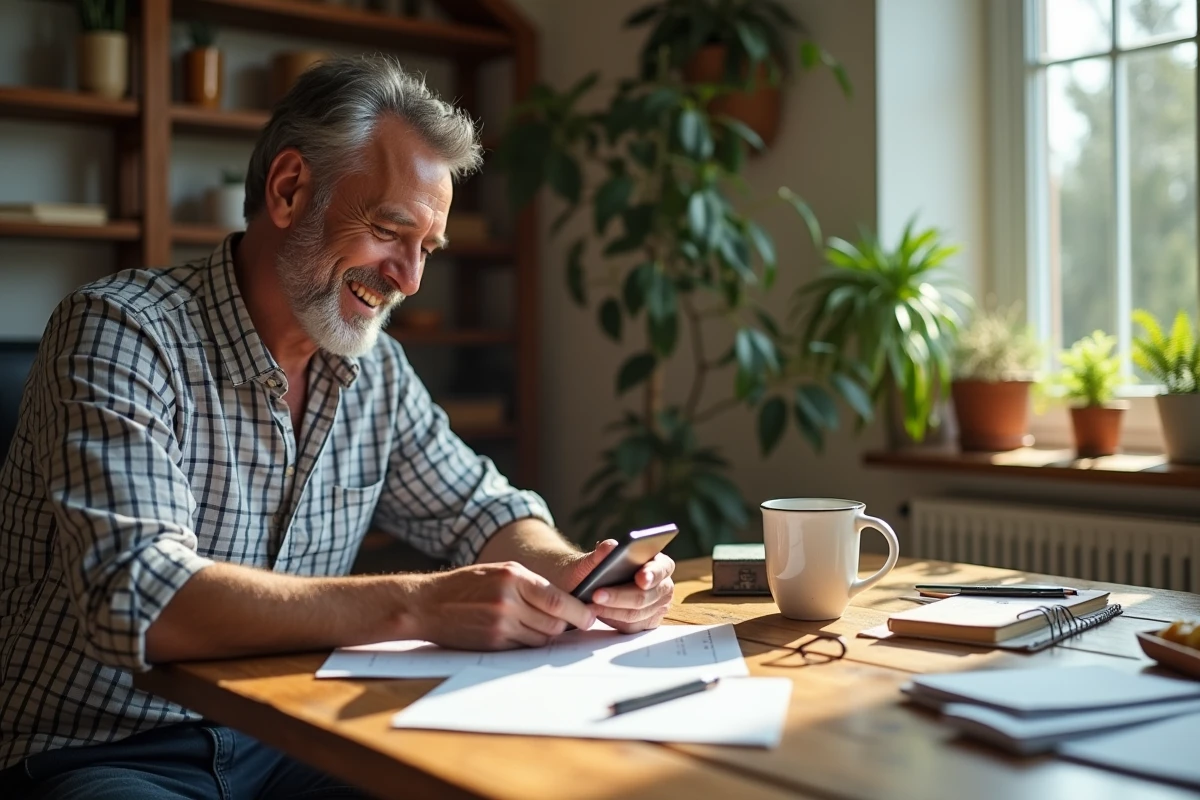 Homme convertissant notes de recette en grammes au smartphone