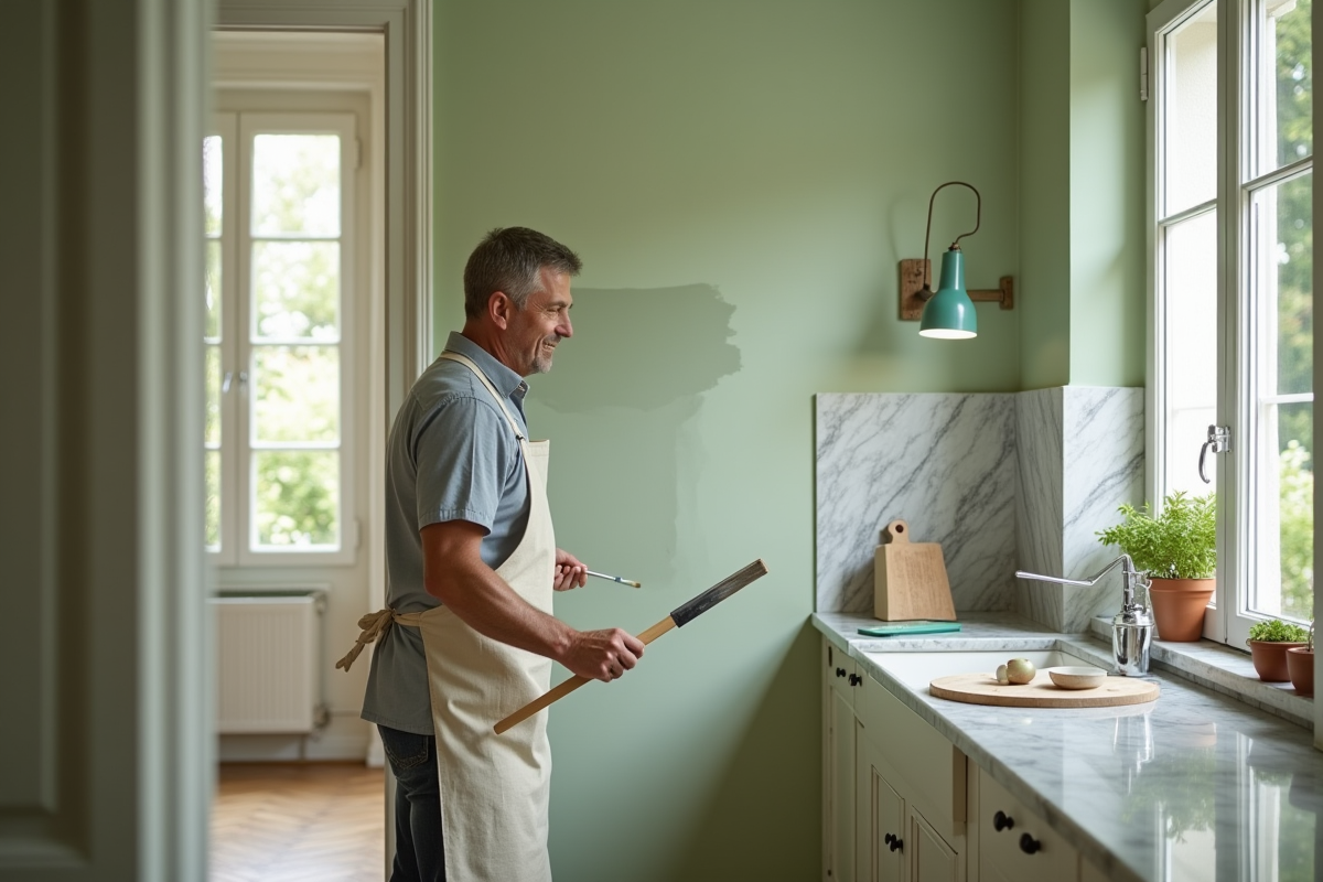 Homme peignant un mur vert dans une cuisine parisienne