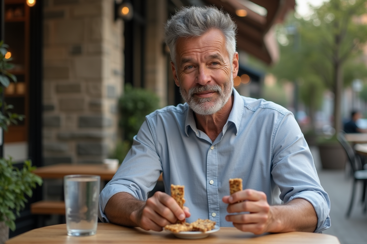 Homme pensif comparant barres repas en extérieur