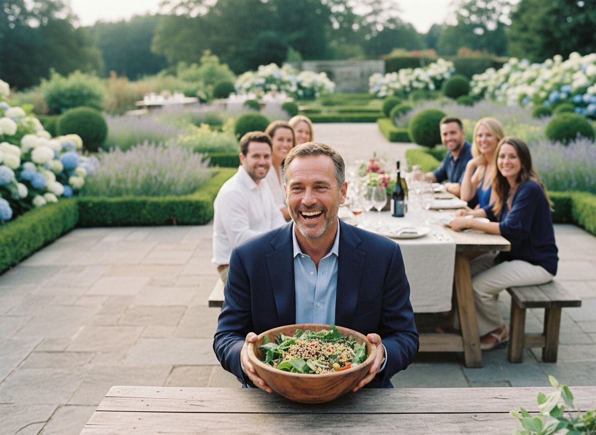 Homme riant avec un bol de greens en extérieur
