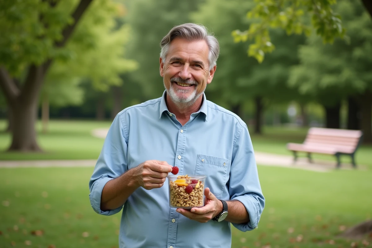 Homme dans un parc offrant un snack maison sain