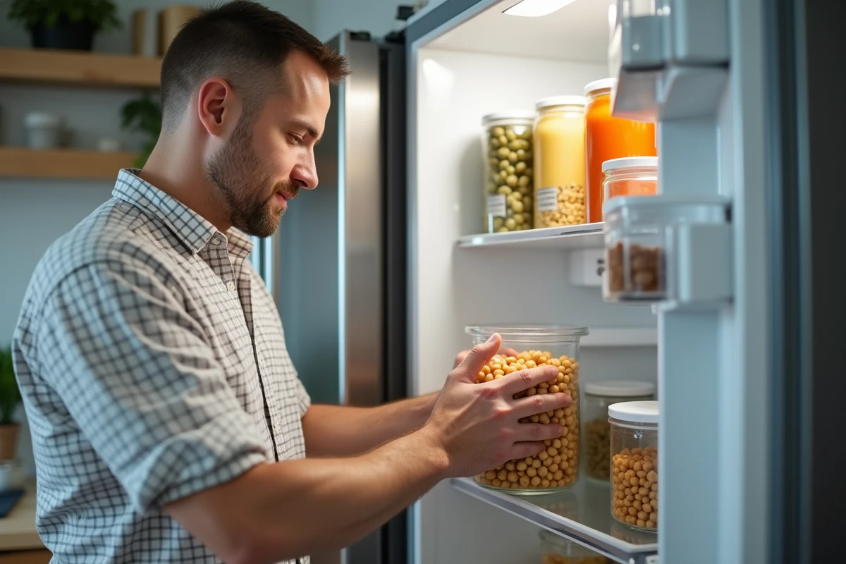Homme stockant des pois chiches dans un frigo