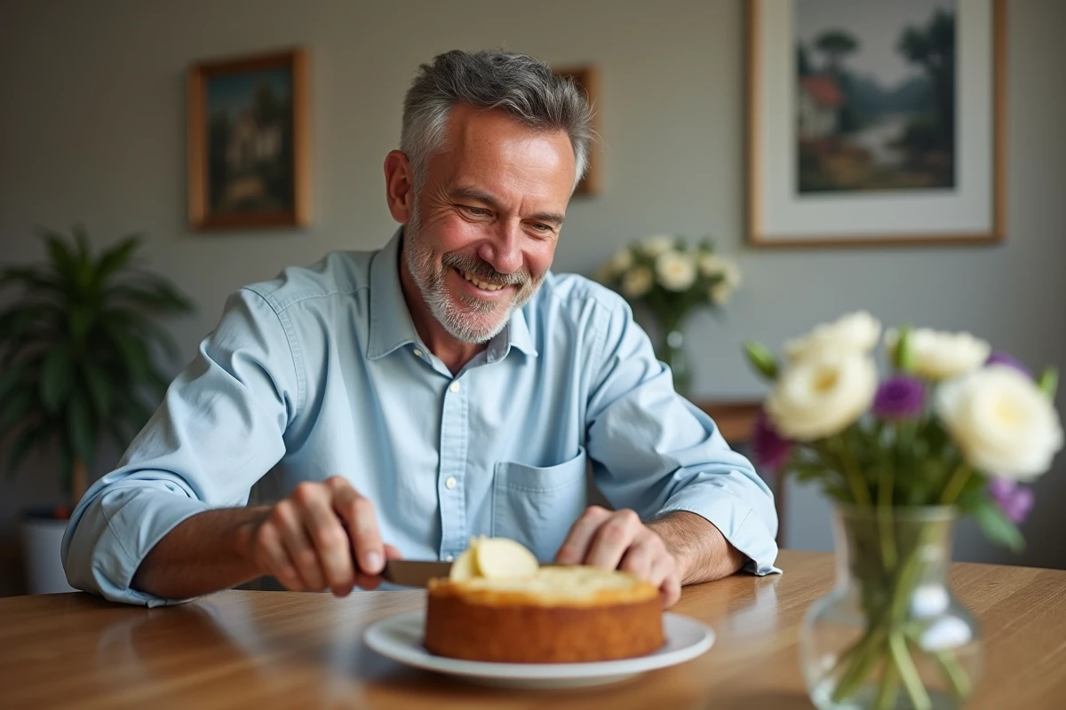 Homme dégustant une part de gâteau aux poires