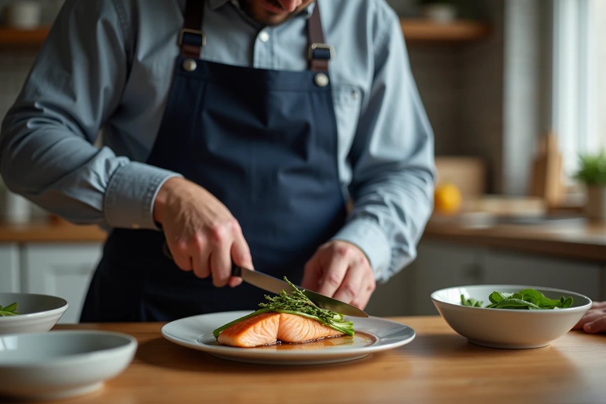 Homme en tablier tranchant saumon vapeur à table familiale