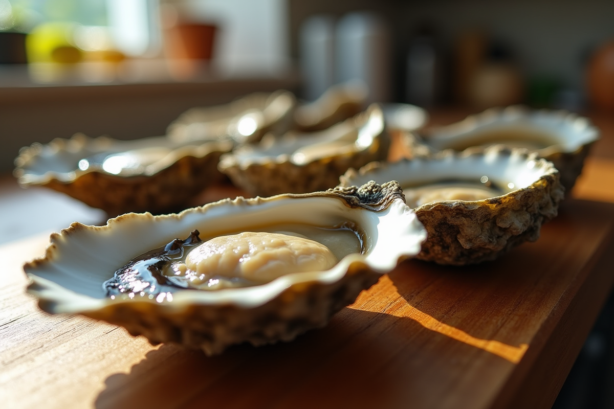 Huitres ouvertes sur un plan de travail en cuisine chaleureuse