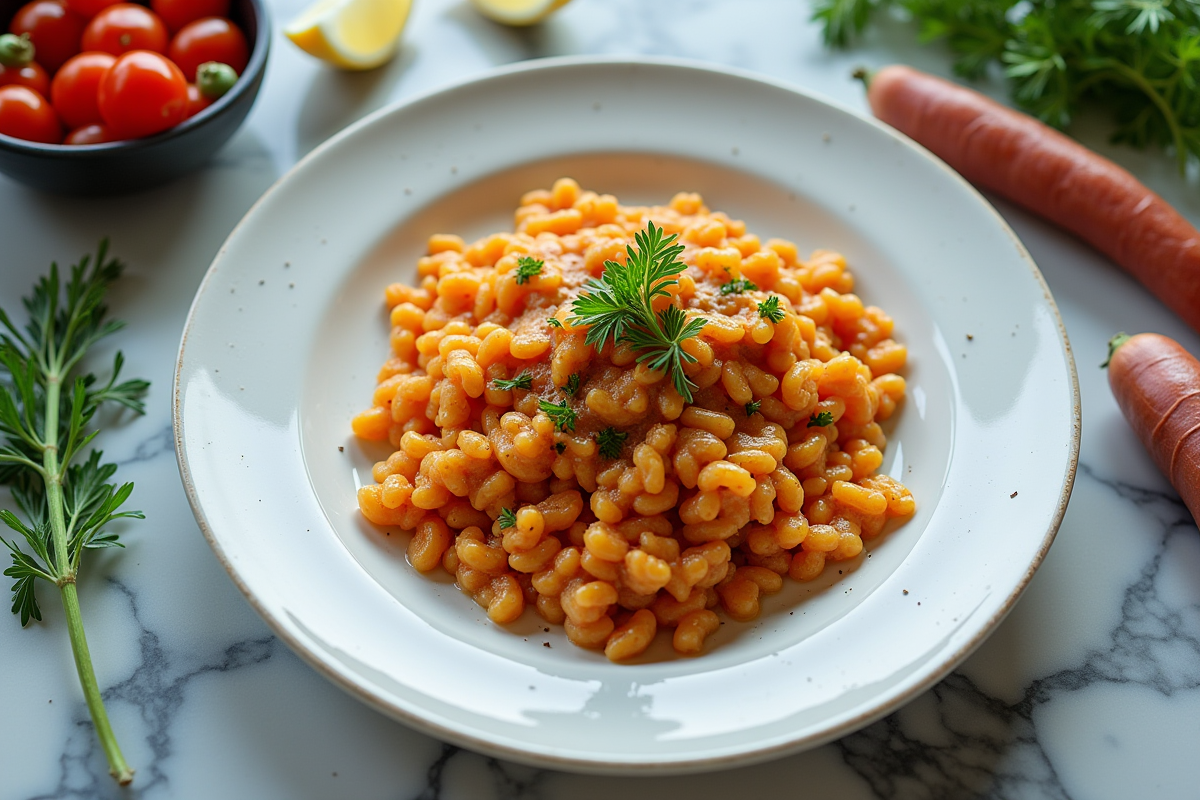 Ingrédients frais pour risotto vegan sur plan de travail