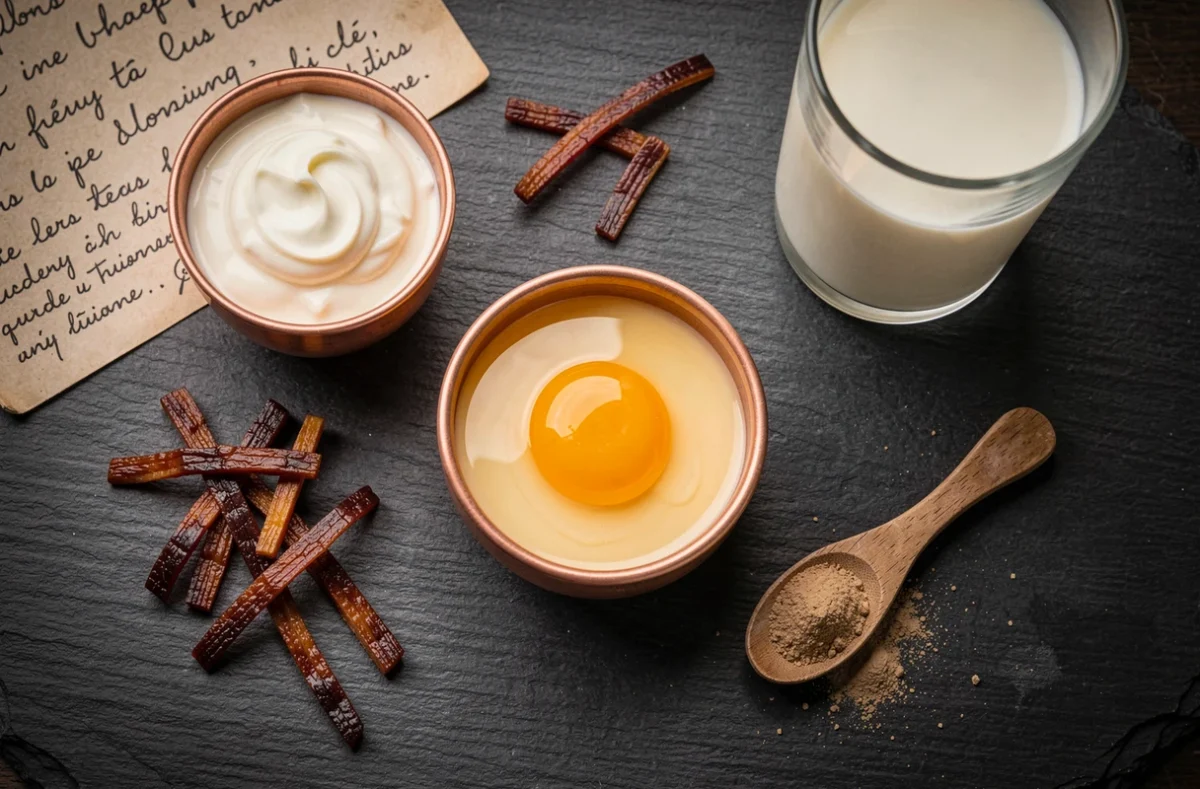 Vue de dessus des ingrédients pour l'appareil à quiche lorraine : œuf, crème entière, lait, lardons fumés et noix de muscade sur ardoise