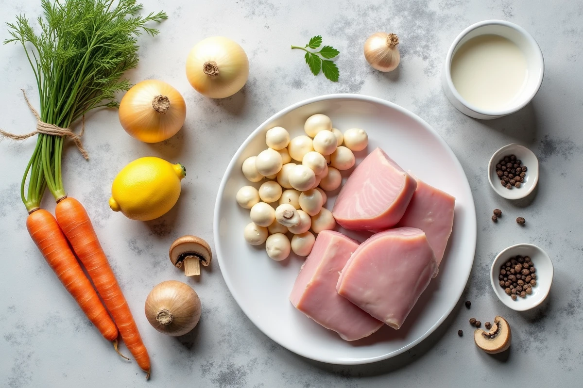 Ingrédients frais pour une blanquette de veau disposés en flat-lay sur une surface en pierre grise, recette traditionnelle