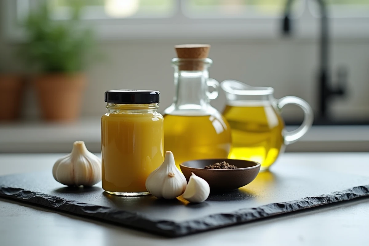 Ingrédients pour vinaigrette maison disposés sur une ardoise : moutarde de Dijon, vinaigre, ail frais et huile d'olive dorée