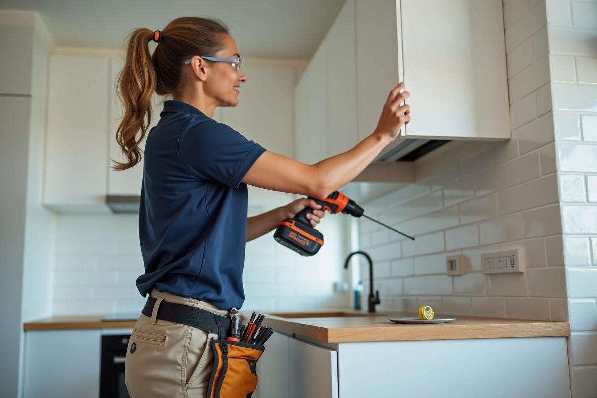 Professionnelle installant des meubles de cuisine IKEA avec une perceuse dans un appartement en rénovation