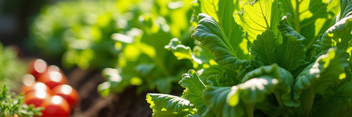 Jardin en forme de L avec légumes verts et tomates mûres
