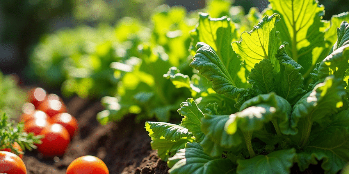 Jardin en forme de L avec légumes verts et tomates mûres