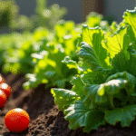 Jardin en forme de L avec légumes verts et tomates mûres
