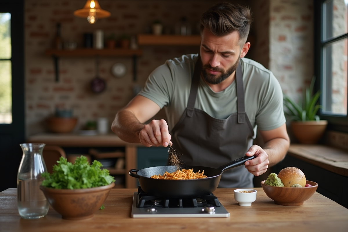 Jeune homme assaisonnant un plat dans une cuisine chaleureuse