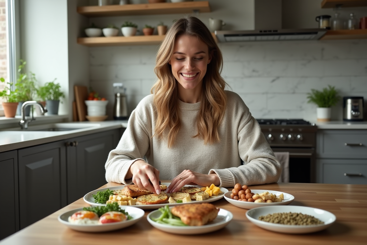 Jeune femme mangeant des aliments riches en protéines à la maison