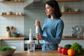 Jeune femme compare un blender classique et un mixeur plongeant dans la cuisine