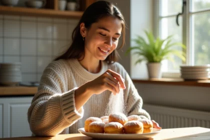 Jeune femme dans la cuisine prépare des beignets à la banane