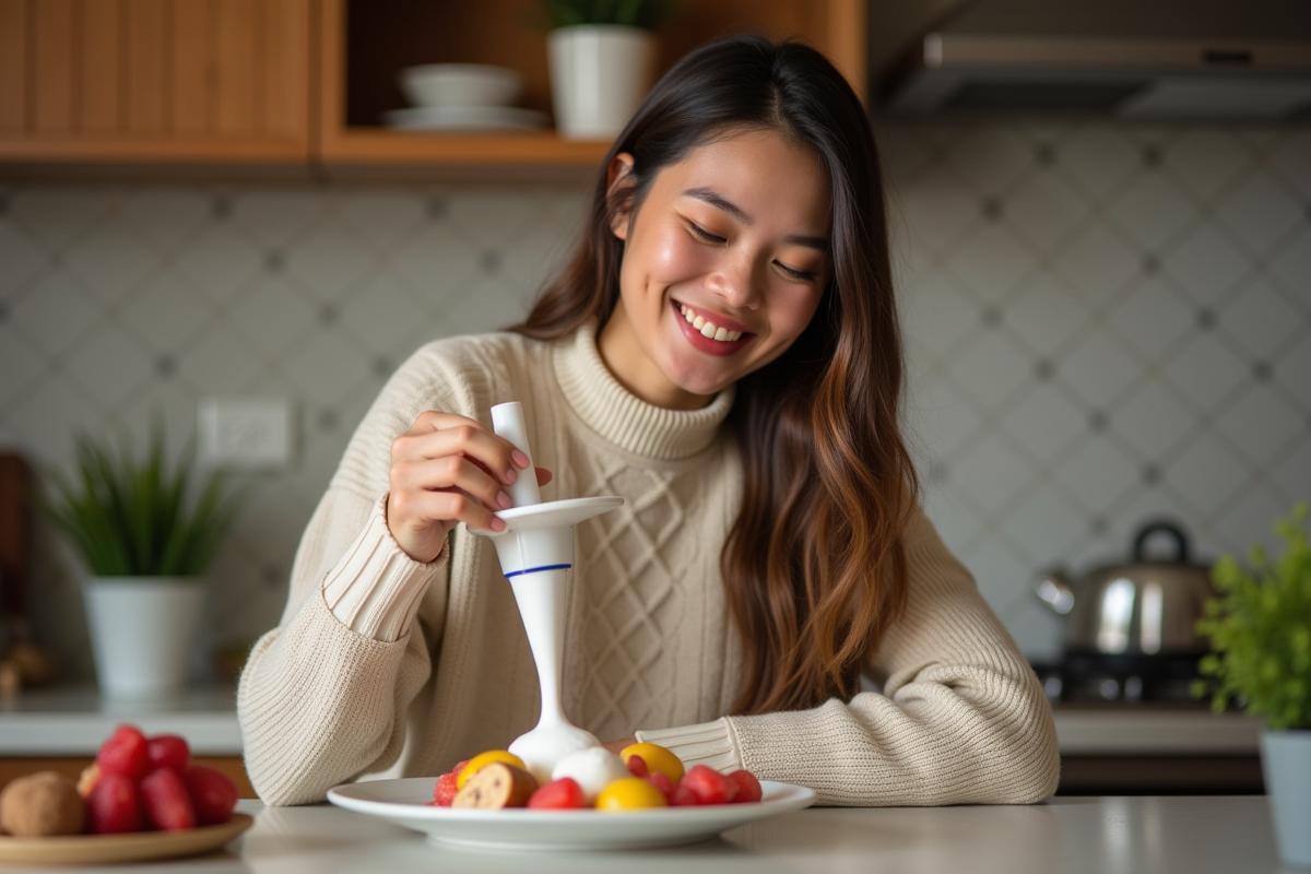 Jeune femme souriante utilisant siphon pour desserts