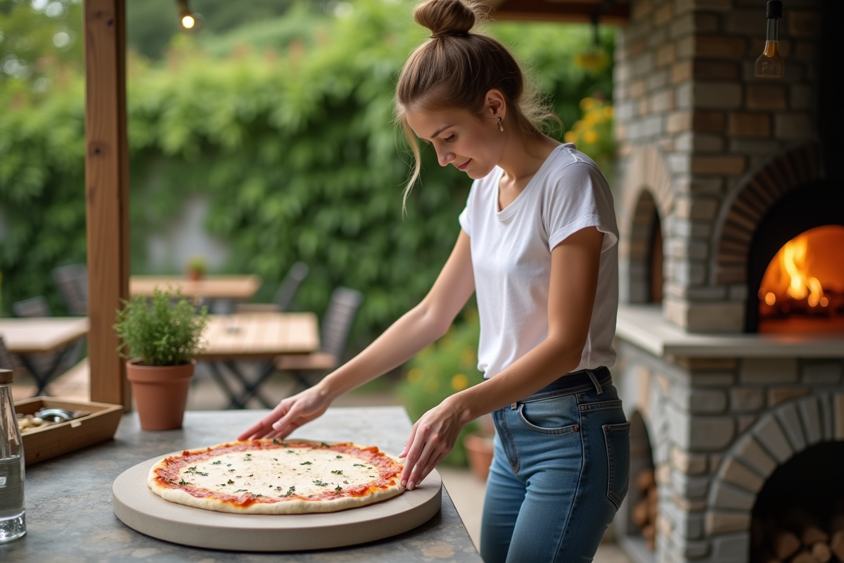 Jeune femme plaçant la pâte à pizza dans un four extérieur