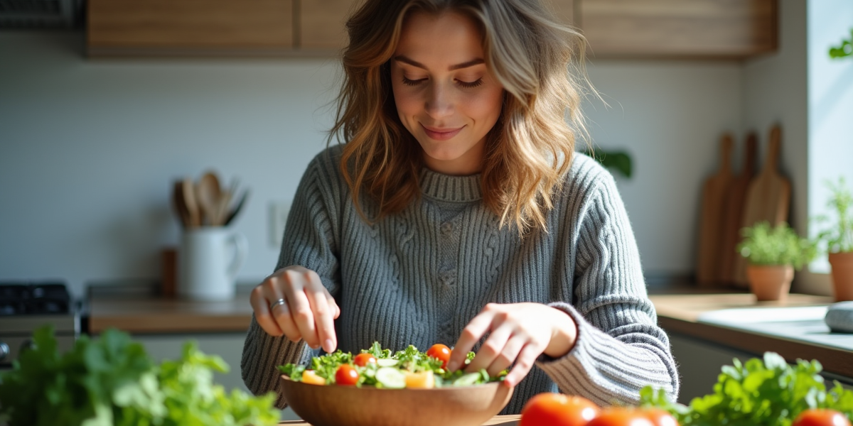 Jeune femme en cuisine préparant une salade colorée et saine