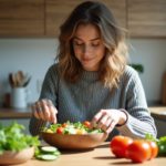 Jeune femme en cuisine préparant une salade colorée et saine