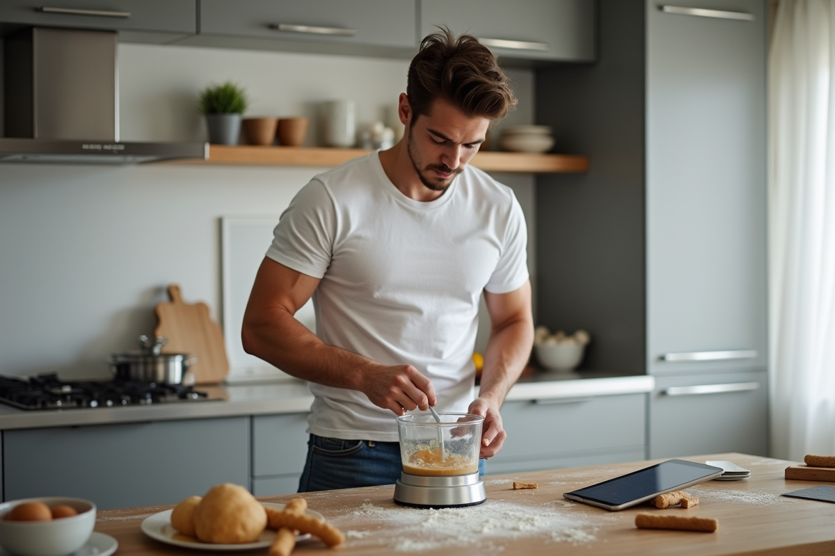 Jeune homme utilisant un robot culinaire dans une cuisine moderne