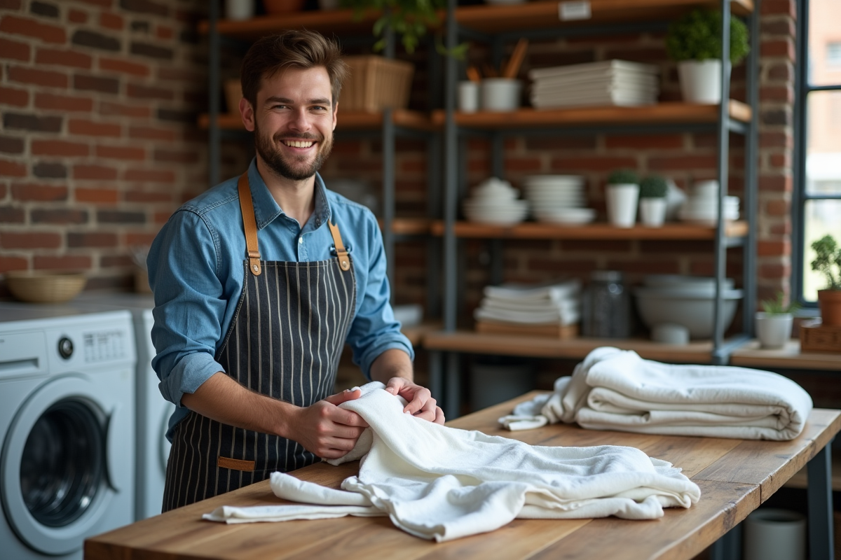 Jeune homme pliant des tabliers propres dans une buanderie