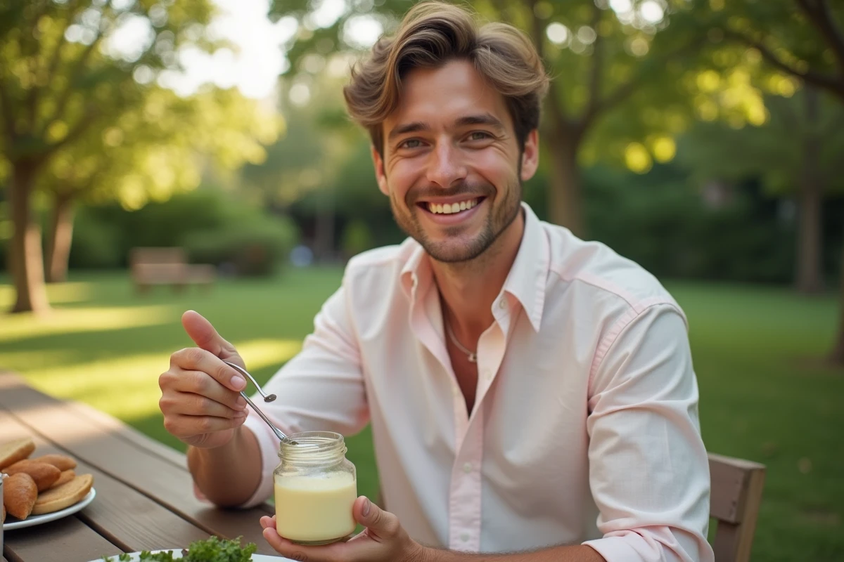 Jeune homme souriant tenant un pot de mayonnaise lors d