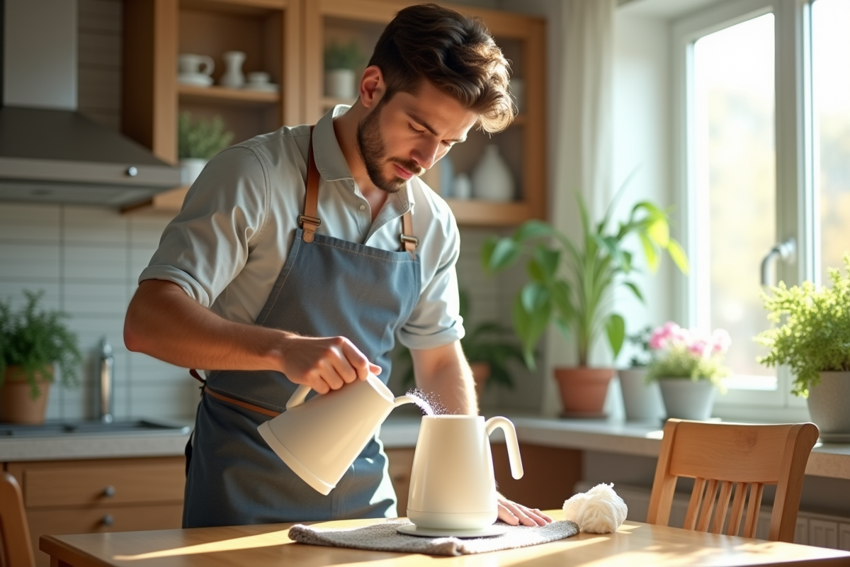 Jeune homme versant du vinaigre dans une bouilloire électrique