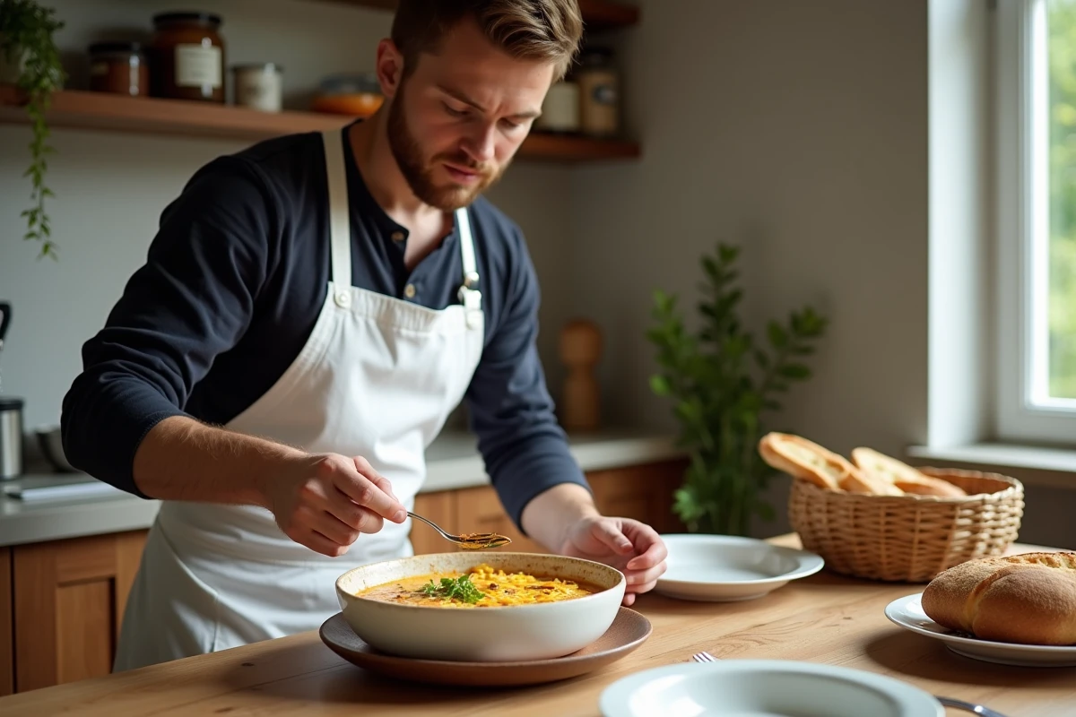 Jeune homme dressant une fondue de poireaux sur une assiette