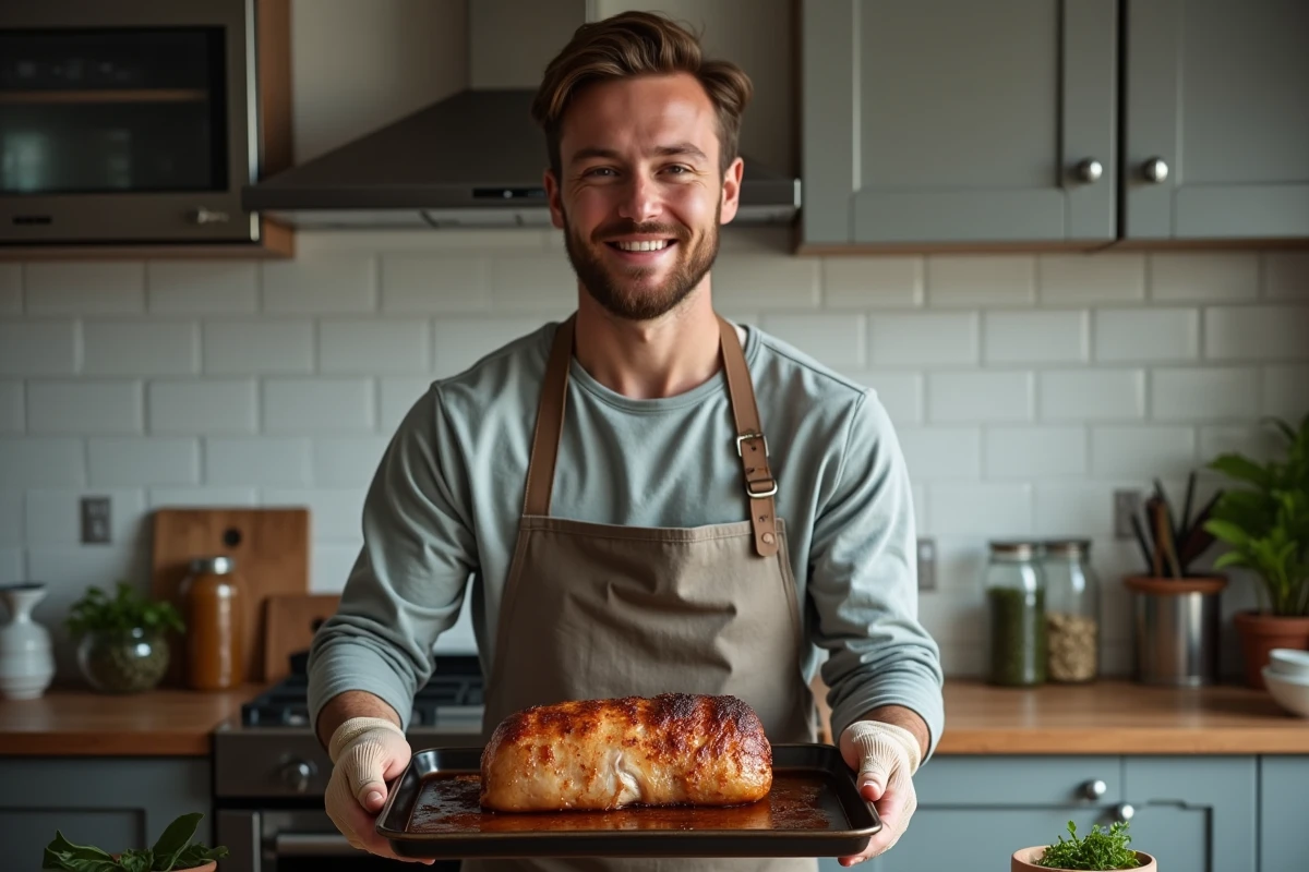Jeune homme présente un porc rôti sorti du four avec fierté
