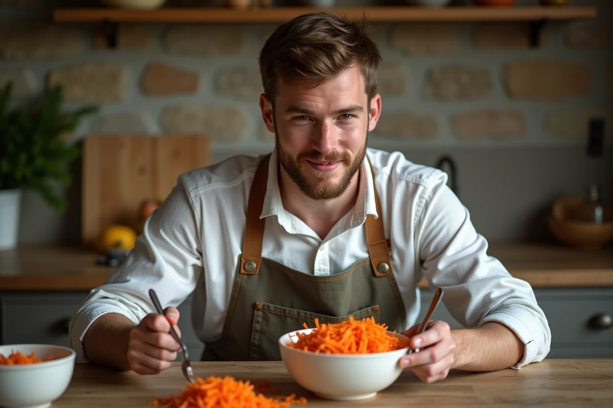 Jeune homme en tablier examinant des carottes râpées
