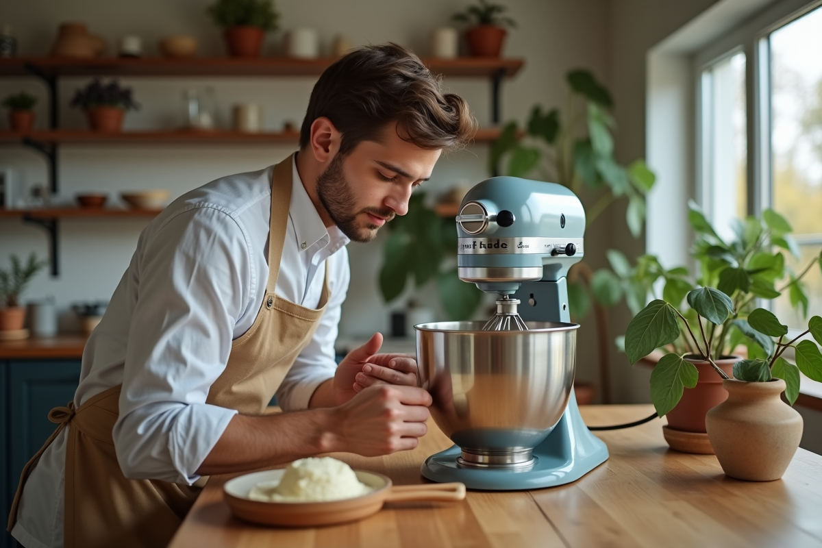 Jeune homme réparant un mixeur sur une table en bois