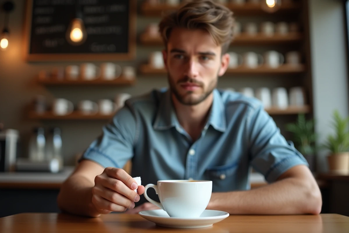 Jeune homme contemplant un sucre cube avec son cafe